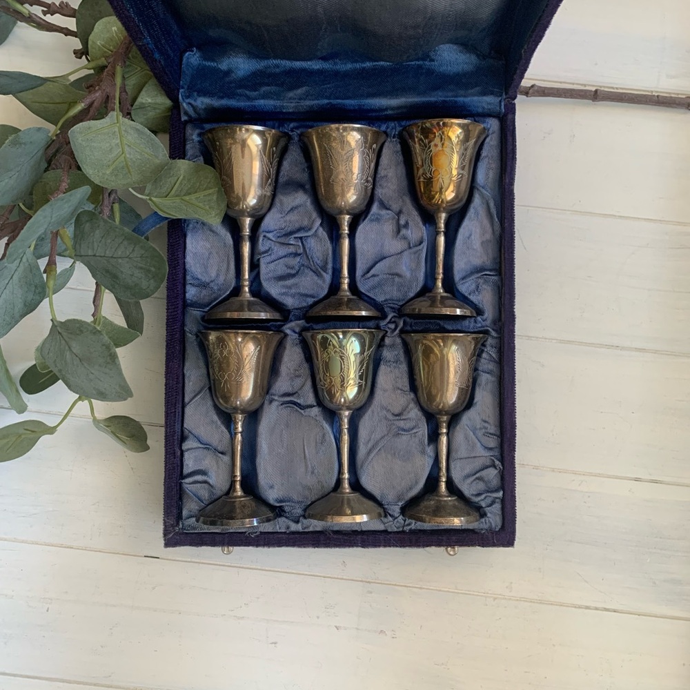 Set of Six Silver Goblets in Velvet Box